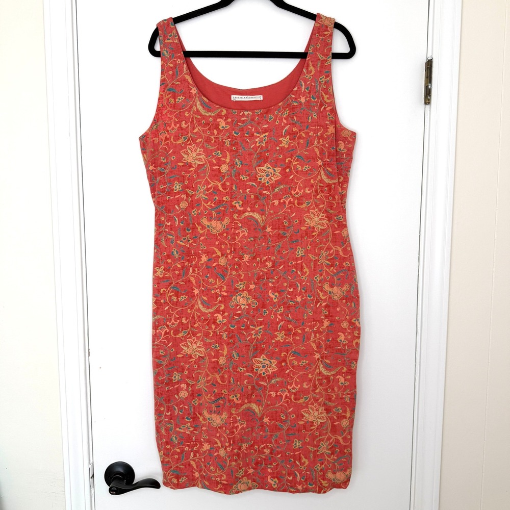Peruvian Connection XL Coral Orange Floral Pima Cotton Sheath Dress Sleeveless